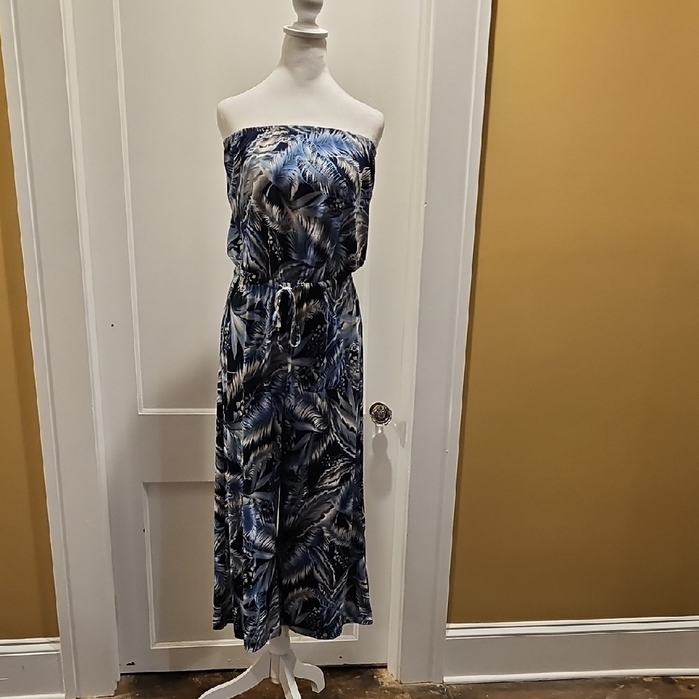 Blue and WhiteTropical Print Strapless Jumpsuit - SzM